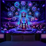 더미저 블랙라이트 세븐 차크라 요가 명상 태피스트리 꽃 갤럭시 스페이스 플래닛 UV 리액티브 로터스 영적 벽걸이 홈 데코 59 1L x 51 2W... 