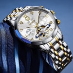 남성용 자동 시계 럭셔리 다이아몬드 셀프 와인딩 다기능 캘린더 스테인리스 스틸 방수 발광 Gold : 하늘공간 상회