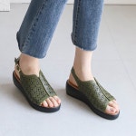 [G3558] 소가죽 여성 5cm 통굽 웨지 키높이 펀칭 슬링백샌들 : 새로이클라쓰