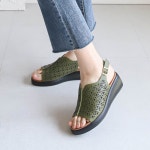 [G3558] 소가죽 여성 5cm 통굽 웨지 키높이 펀칭 슬링백샌들 : 새로이클라쓰