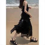 여성플리츠 원피스 여성용 산 블랙 러플 쉬폰 서스펜더 드레스 여름 고급 야 해변 휴가용 : 플렉스명품몰