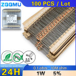 100Pcs 1W 탄소 필름 저항기 5% 1R  10M 10R 100R 220R 330R 470R 1K 2.2K 3.3K 4.7K 10K 22K 47K 100K 1M 10 100 : berane6744a