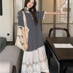 44-77 마린캣 스트라이프 카라 롱원피스 반소매 캐주얼 데일리 롱드레스 여름 : 피치파인애플