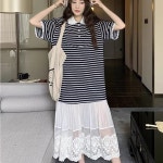 44-77 마린캣 스트라이프 카라 롱원피스 반소매 캐주얼 데일리 롱드레스 여름 : 피치파인애플