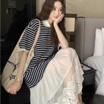 44-77 마린캣 스트라이프 카라 롱원피스 반소매 캐주얼 데일리 롱드레스 여름 : 피치파인애플