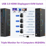 KVM 스위치 3  4 컴퓨터 4K60Hz HDMI 디스플레이포트 트리플 4 PC 원형유 USB3.0 포트 : 신안글로벌-1
