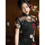 블랙 레이스 자수 치파오 우아한 의류 레트로 젊은 신상 개선 여성 Bla XL : bbo스토어