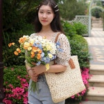 여성 여름 라탄 숄더백 스타일 핸드헬드 아시안ST 짠 가방 패션... 밀짚 대용량 레저 해변 여자 휴양지 핸드백 여행 캔버스 캐주얼 : FEELINGMALL