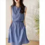 땡땡이 무늬 원피스 봄 가을 상쾌 블루 라운드 넥 실크 민소매 가벼운 성숙 미드 길이 스커 : LA총각