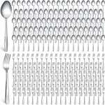 누오고 200피스 포크와 스푼 실버웨어 세트 스테인리스 스틸 플랫웨어 식기 저녁 미러 폴리싱 식기세척기 주방 레스토랑 또는 가정용 100... 