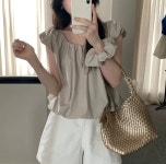 벌룬 U넥 셔링 캡소매 곱창 헤어밴드 세트 블라우스 (2colors) : 시크에비뉴