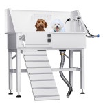 NUWJBYE 프로 38인치 반려견 세탁소, 소형, 중형 및 대형견을 위한 화이트 스테인리스강 욕조, 가정용 반려동물 그루밍 욕조 그루머. (왼쪽... 