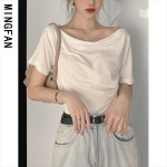 오프숄더 탑 여성 여름 신상품 플리츠 티셔츠 원숄더 루즈 비스듬 어깨 반팔 : LA총각