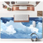 에스테틱 블루 앤 화이트 퍼피 클라우드 데스크 매트, 스티치 엣지가 있는 XXL 대형 카와이 확장 게이밍 마우스 패드, 귀여운 노트북 키보드... 