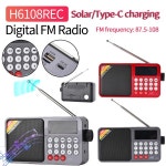 라디오 H6108REC 디지털 FM 라디오 휴대용 BT 스피커 태양열 Type-C 충전식 MP3 음악 플레이어 LED 스크린 : 이구컴퍼니