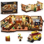 인순 시티 스트리트 피자 레스토랑 건물 세트 조명, 레트로 밴이 있는 1098PCS 피자집 건축 모델, 성인 청소년 소년 소녀를 위한 홈 데코 블록... 