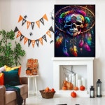 성인용 카모야이 해골 드림 캐처 다이아몬드 아트 키트 성인 초보자를 위한 할로윈 페인팅 5D 공예품 벽 장식용 원형 풀 드릴 12X16인치... 