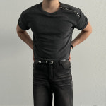 마론트 헨리넥 사선 지퍼 머슬핏 디테일 반팔 : 마론트