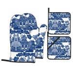 블루 버드나무 치노제리 도자기 인스피레이션 오븐 벙어리 및 냄비 홀더 세트 높은 내열성 베이킹 장갑 4 개 주방 바베큐 : 주-주마켓