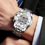 남성 남자 시계 다이아몬드가 달린 남성용 자동 럭셔리 스켈레톤 기계식 자가 와인딩 스테인리스 스틸 방수 달 페이즈 & 루미너스 : 행복한직구샵92