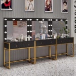 메이크업 미용실 화장대 프레임 거울 뷰티샵 샤크팡 흰색 업소용 조명 웨딩샵 스튜디오 분장실 화이트+골드 60x40x165 : 글로리샵55