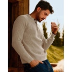 PJ 폴 존스 남성 스웨터 캐주얼 와플 풀오버 버튼 크루넥 텍스처 니트 헨리 Black Small : 글로하운드