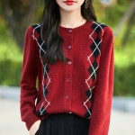 LXGKSNXKCX008 여성 봄가을 캐주얼 라운드넥 오버핏 긴팔 아가일 가디건 니트 상의 : 빅사이즈 의류 신발 전문