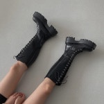 [G3749] 옆지퍼 레이스업 통굽 키높이 롱부츠 6cm : 새로이클라쓰