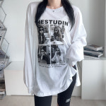 얇은긴팔 루즈핏 흑백 프린팅 나염 슬라브 트임 로스트 긴팔 티셔츠 : 마리치