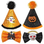PET SHOW 4pc 할로윈 작은 개 모자와 보우티 세트 오렌지 블랙 고스트 홀리데이 고양이 파티 보우 타이 강아지 그루밍 액세서리... 
