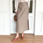 바스락 H 라인 롱 스커트 나일론 랩 하객 결혼식 출근 치마 밴딩 스트랩 트임스커트 : Missever