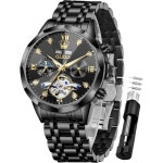 OLEVS 남성 자동 시계 다이아몬드 골격 기계식 럭셔리 셀프 와인딩 달 페이즈 캘린더 남성용 방수 손목시계 : 크레스트리움