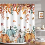 MEHOFOND 가을 호박 샤워 커튼 세트 4개 추수감사절 목욕 커튼, 미끄럼 방지 러그, 화장실 뚜껑 커버, 매트 및 12 후크 나뭇잎 욕실 장식... 