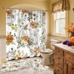 러그와 액세서리가 포함된 귀여운 가을 호박 욕실 세트 4피스, 추수감사절 수채화 청록색 노란 잎 샤워 커튼 미끄럼 방지 목욕 매트 화장실... 