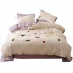 감성 이불 커버 세트 부드럽고 온화한 보라색 면 세탁 타월 자수 침구 3 4종 만화 귀여운 소녀 하트 순 예쁜 상쾌한 분위기 전환 인테리어... 