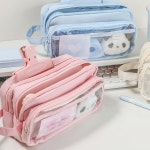 단계형 연필 가방 펜 케이스 3 구획 투명 전면 크림 컬러 보관 주머니 편지지 F7715 : MOA샵