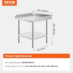 VEVOR 스테인리스 스틸 작업 테이블, 24 x 26 인치 상업용 준비 3면 백스플래시 헤비 듀티 레스토랑 홈 호텔용 높이 조절 가능한 금속 테이블... 