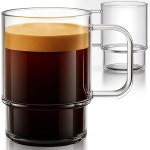 손잡이가 달린 아쿠아치 22온스 스태커블 유리 머그잔, 2개 세트 - 라떼, 카푸치노, 모카, 아메리카노, 차용 대형 클리어 커피 컵 AQU021-18... 