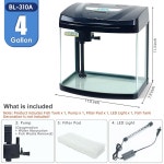 베타 물고기를 위한 플립탑 공급 포트가 있는 블루코코 4갤런 유리 수족관 스타터 키트 크리스탈 클리어 360 보기, 에코 사이클 필터링, 에어... 