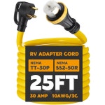 Tellegloww 25피트 30인치 50인치 RV 어댑터 코드, Nema TT-30P 수컷부터 SS2-50R까지 호환, RV 트레일러 캠퍼용 여성 파워독 뼈 플러그... 
