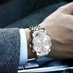 크로노그래프 비즈니스 드레스용 Taxau 스테인리스 스틸 시계 아날로그 쿼츠 남성용 시계 자동 데이트 기능이 있는 시계 Blue-G8406 : 몬델리