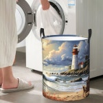 대형 세탁 바구니 등대 모래 해변 접이식 방수 세탁통 빨래 가방 세탁, 침실, 기숙사용 독립형 옷 햄퍼 : 더와이드01
