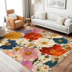 플로럴 러그, 3x5 면적 러그 세척 가능, 거실용 식물성 플라워 카펫, 가정용 실내용 장식, 미끄럼 방지, 로우 파일 디자인 & J1826 : 4060보석함