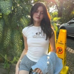 파스텔 크롭탑 IAEY 아메리칸 INS 강아지 캐릭터 라운드넥 타이트 티셔츠 데일리 슬림 : 아델스패션