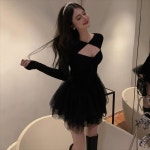 파티드레스 초가을 여성 프렌치 메시 퍼피 리틀 블랙 공주 원피스 : 아델스패션