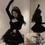 파티드레스 초가을 여성 프렌치 메시 퍼피 리틀 블랙 공주 원피스 : 아델스패션