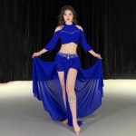 여성용 밸리 댄스 의상 세트 거즈 하프 슬리브 탑 + 시니어 AB 스톤 스플릿 스커트 2pcs 성인 오리엔탈 벨리 댄스 복장 : 칠룡산업