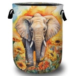 수채화 코끼리 해바라기 세탁 바구니, 접이식 야생 동물 바구니 토트백 더러운 옷 보관 양동이 장난감 정리함 욕실/세탁실/침실용 15.7... 