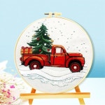 진칭 크리스마스 트리 & 레드 트럭 자수 키트 - 29x29cm 인쇄 원단, 후프 및 초보자용 도구 (C0029) C0028 : 러브인맨해튼