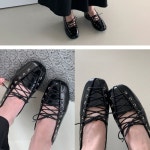 [G3909] 블랙 레이스업 스퀘어토 플랫슈즈 : 새로이클라쓰
